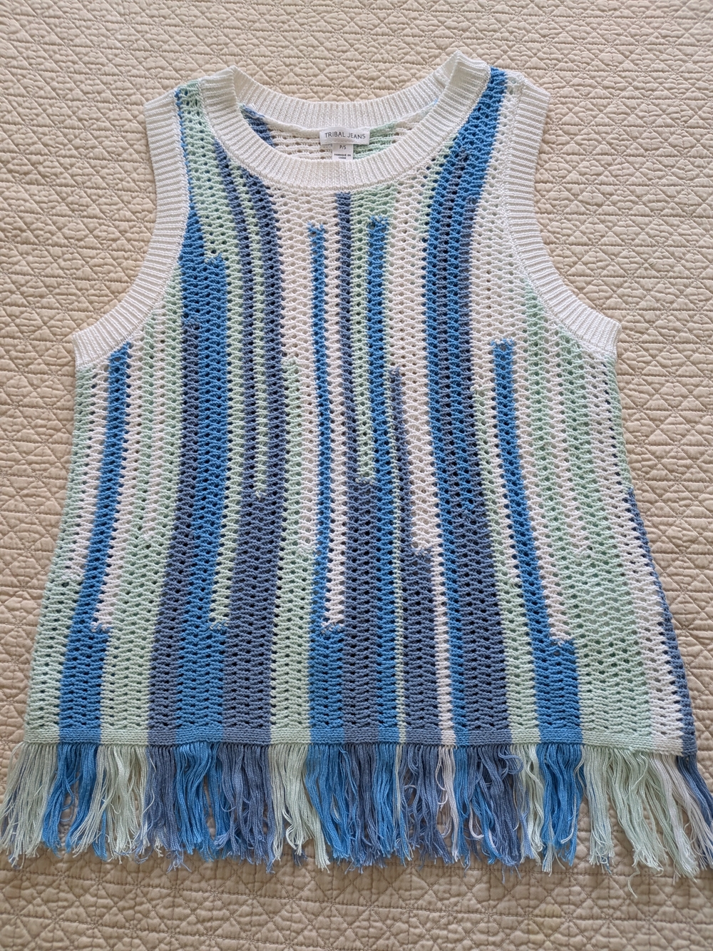 Raga Striped Knit Fringe Tank Sweater - Blue & White